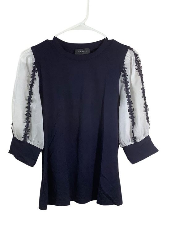 Gracia Tops - Gracia Navy Knit Top with White Sheer Lace Puff Sleeves